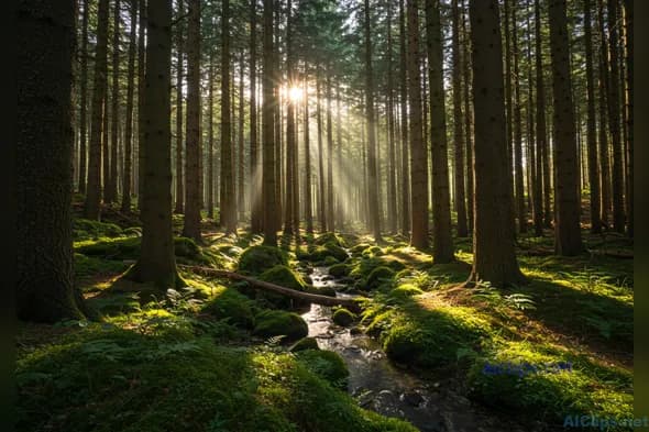 Serene Forest Landscape with Sunlight and Stream