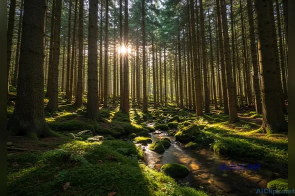 Serene Forest Landscape with Stream and Sunlight