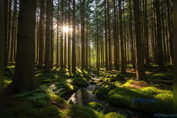 Calm Forest Landscape with Stream and Sunlight