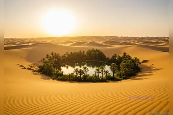 Stunning Oasis in Desert Landscape at Sunset
