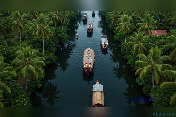 Scenic Backwaters with Traditional Boats and Palm Trees