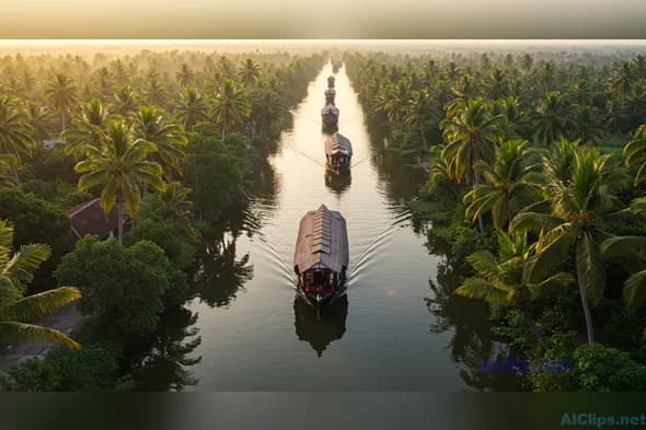 Tranquil Backwaters with Houseboats at Sunrise