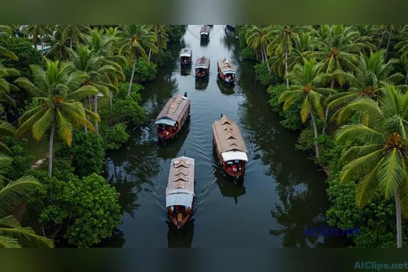 Serene Backwater Scene with Traditional Houseboats