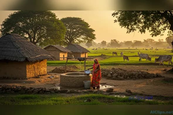 Rural Life: Woman at Well in Sunset Glow