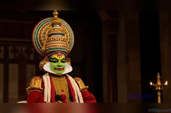 Traditional Kathakali Performer in Vibrant Attire