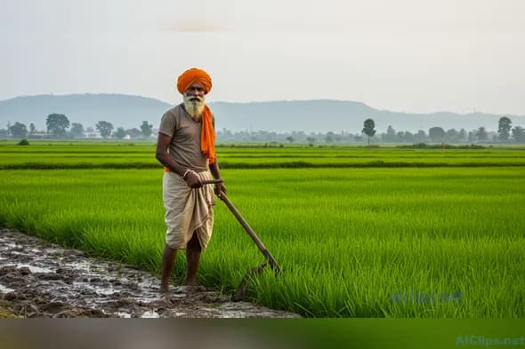 Dedicated Farmer in Lush Green Rice Field