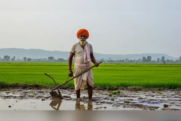 Rich Green Rice Fields with Farmer in Traditional Attire