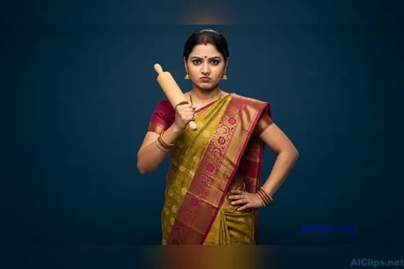 Confident Woman in Traditional Attire with Rolling Pin