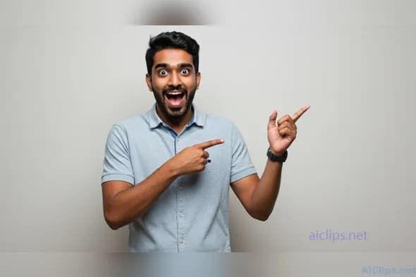Energetic Young Man Pointing Excitedly in Studio