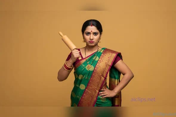 Dynamic Indian Woman in Traditional Attire with Rolling Pin