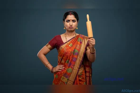 Vibrant Indian Woman with Rolling Pin in Traditional Attire