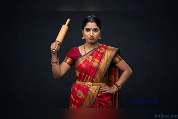 Traditional Indian Woman in Elegant Saree with Rolling Pin