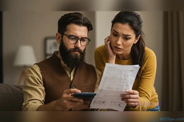 Concerned Couple Analyzing Household Expenses