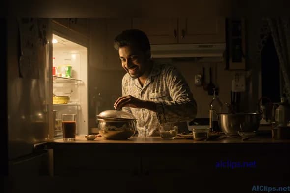 Joyful Cooking Moments in Dim Kitchen Lighting