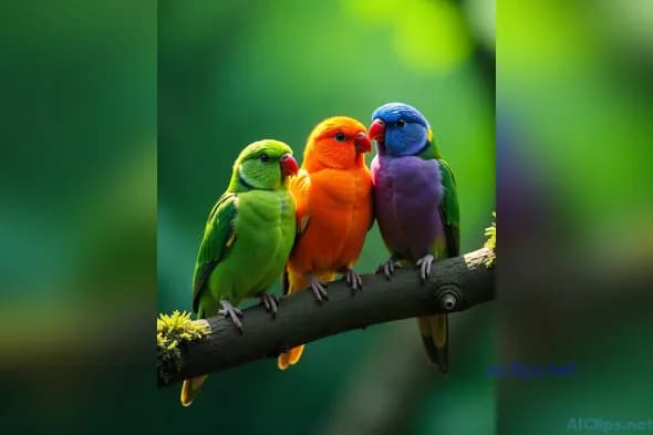 Vibrant Parrots on a Branch - Nature's Colorful Trio