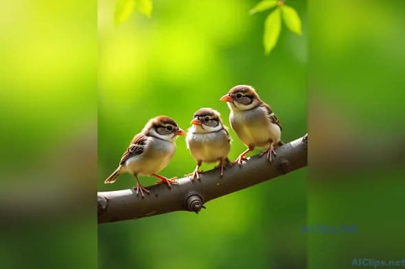 Charming Young Sparrows Perched on a Branch