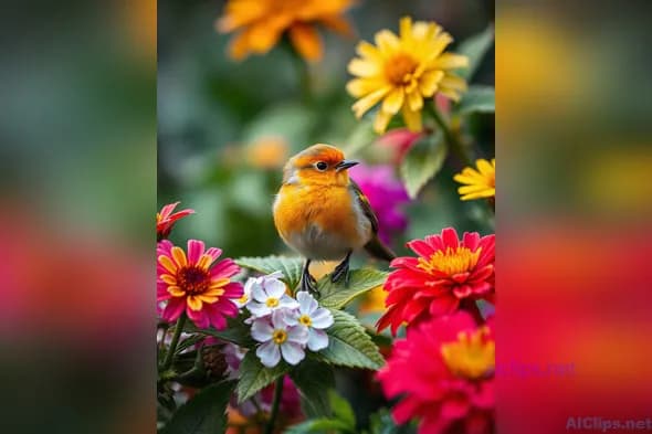 Vibrant Bird Amid Colorful Flowers ‚Äì Nature's Beauty