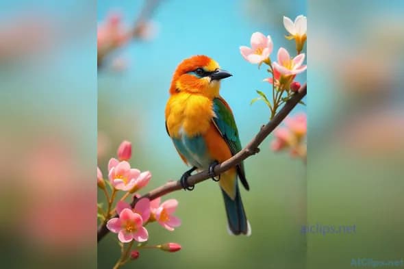 Vibrant Bird Perched Amidst Blossoming Flowers