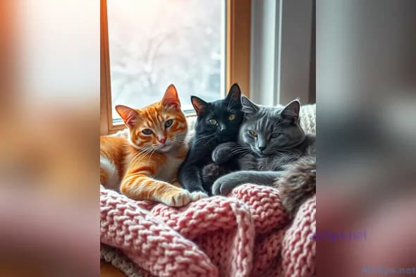 Charming Trio of Cats Snuggled by the Window