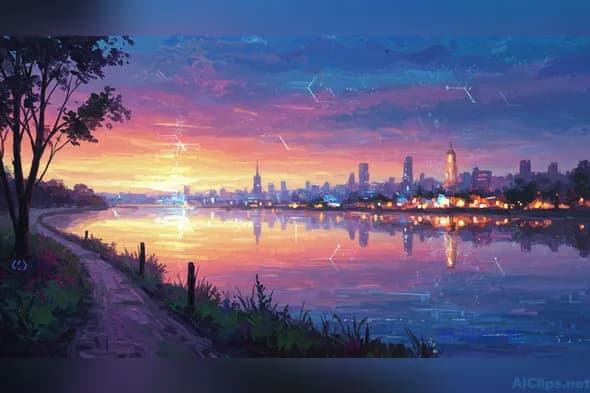 Stunning Sunset over Urban Skyline: Digital Art