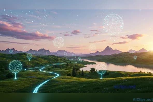 Futuristic Landscape with Digital Trees and Mountains