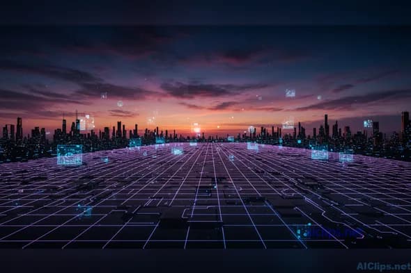 Futuristic Urban Technology Landscape at Sunset