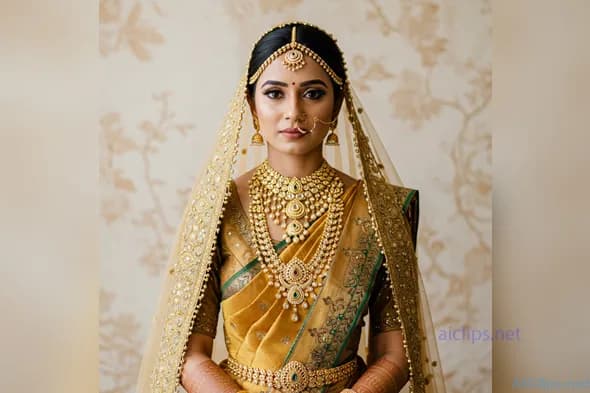 Elegant Traditional Bridal Attire with Intricate Jewelry