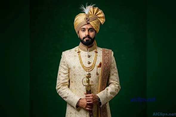 Elegant Traditional Indian Attire with Sword - Portrait