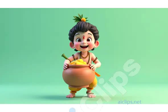 Happy Baby Deity with Pot on Green Background