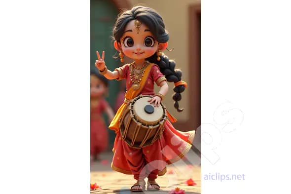 Adorable Indian Cartoon Girl Playing Dholak