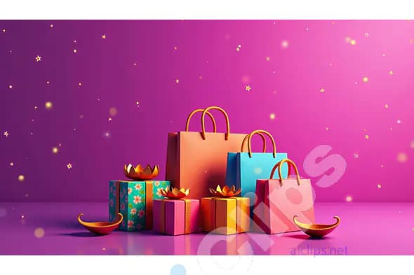 Diwali Shopping Bags and Gifts with Diya Lamps on Pink Background