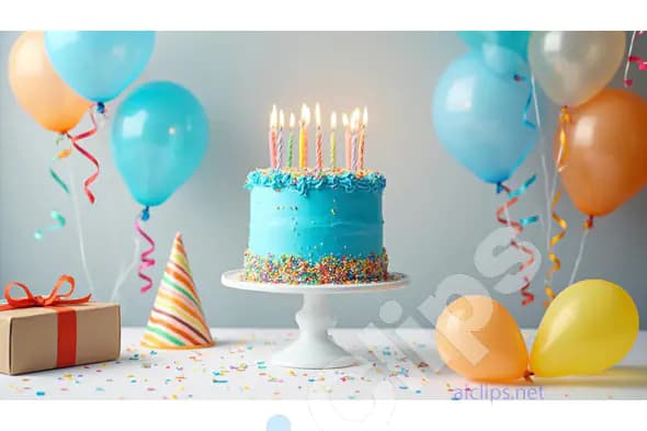 Colorful Birthday Celebration with Cake, Balloons, and Gift
