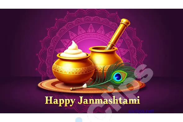 Janmashtami Greeting with Traditional Pot and Peacock Feather