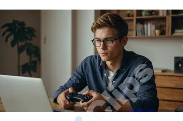 Focused Young Man Playing Video Games at Home