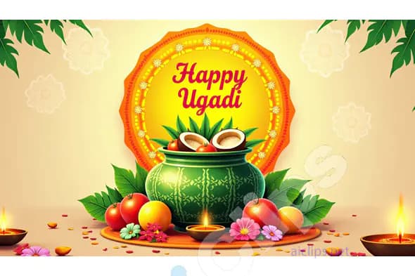 Ugadi Festival Greetings with Traditional Kalash and Fruits