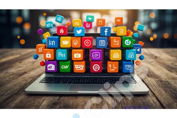 Vibrant Digital Marketing Icons on Laptop - Online Commerce Concept