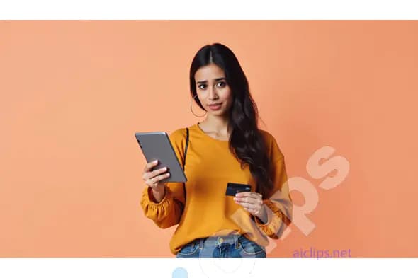 Concerned Woman Holding Credit Card and Tablet on Peach Background