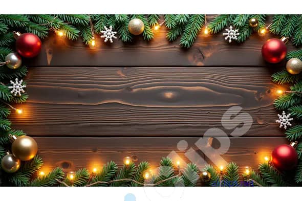 Christmas Frame with Festive Ornaments and Wooden Background