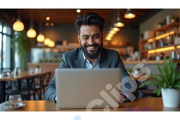 Indian Businessman Working on Laptop in Modern Café - Professional Workspace