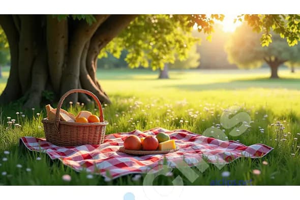 Sunlit Picnic Scene with Basket and Fruits - Peaceful Outdoor Setting