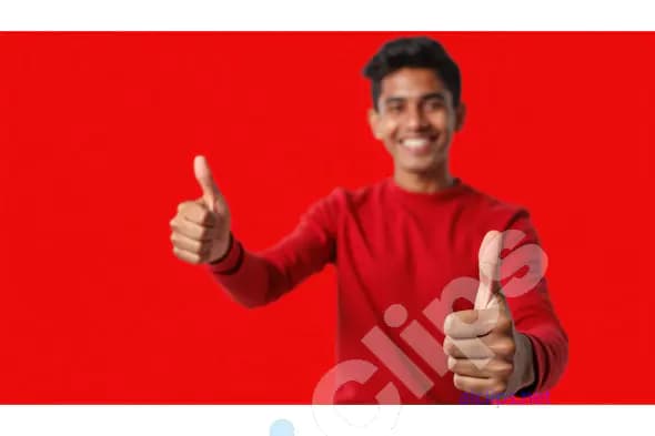 Happy Young Man Giving Thumbs Up on Red Background