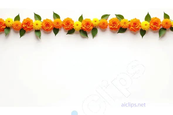 Horizontal Marigold and Rose Flower Garland with Green Leaves on White Background