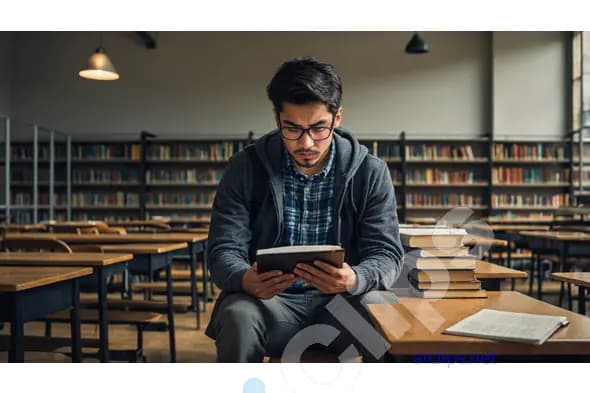 Student Reading on Tablet in Library