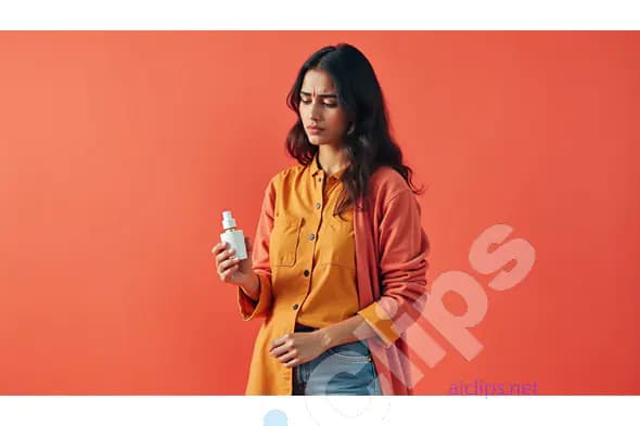 Thoughtful Woman Holding Skincare Product on Coral Background