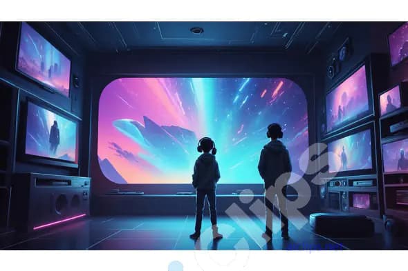 Futuristic Gaming Room with Giant Screen and Neon Lights - Digital Art