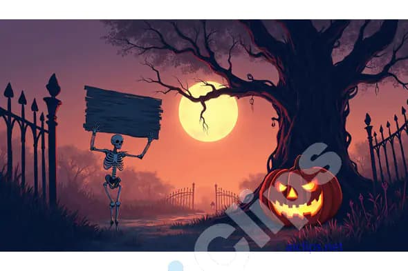 Skeleton Holding Sign with Pumpkin under Full Moon