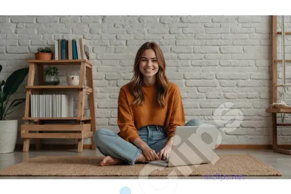 Young Woman Working on Laptop in Cozy Home Environment