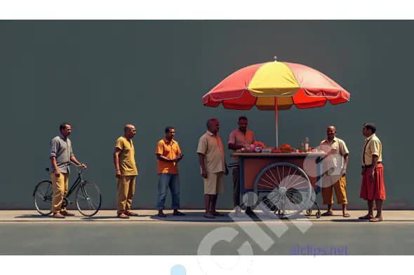 Indian Street Vendor Cart with Men Gathering - Vibrant Urban Scene