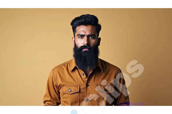 Serious Bearded Man in Mustard Shirt with Neutral Background