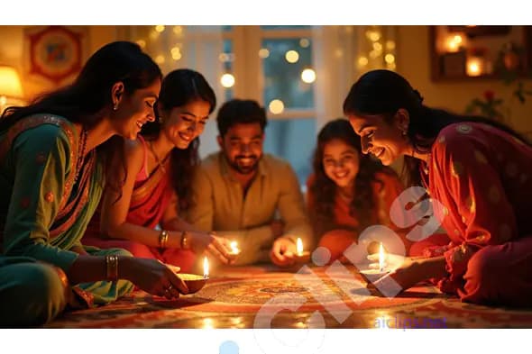 Diwali Family Celebration with Rangoli and Diyas